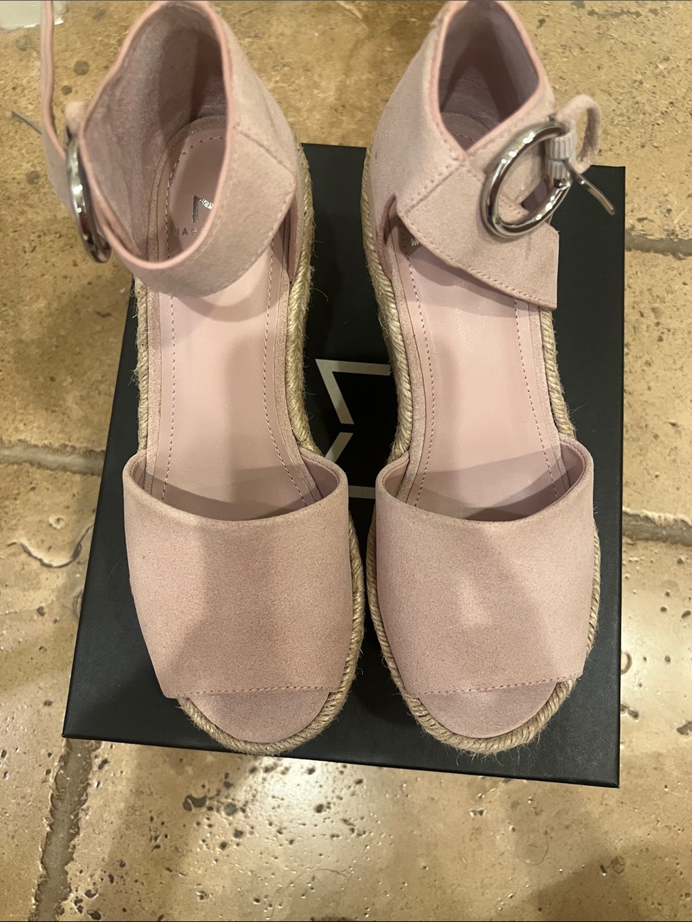 NWT Marc Fisher Blush Pink Suede Espadrille Wedge Sandals with Ankle Buckle